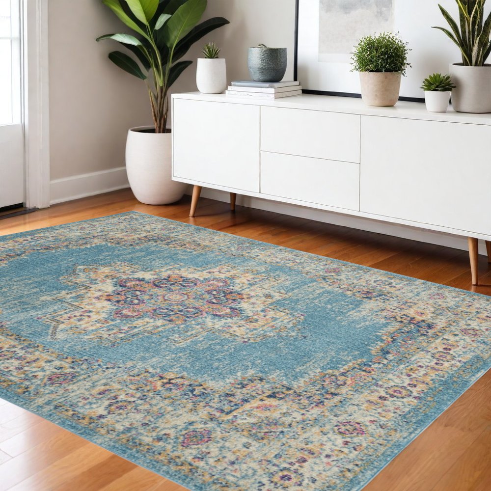 4' X 6' Blue And Ivory Southwestern Distressed Area Rug