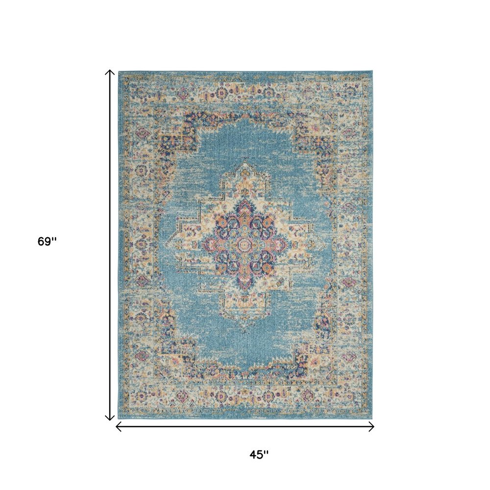 4' X 6' Blue And Ivory Southwestern Distressed Area Rug