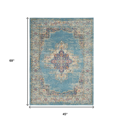 4' X 6' Blue And Ivory Southwestern Distressed Area Rug