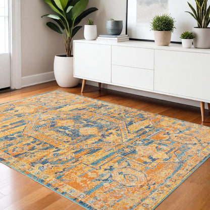 4' X 6' Teal And Gold Medallion Distressed Area Rug