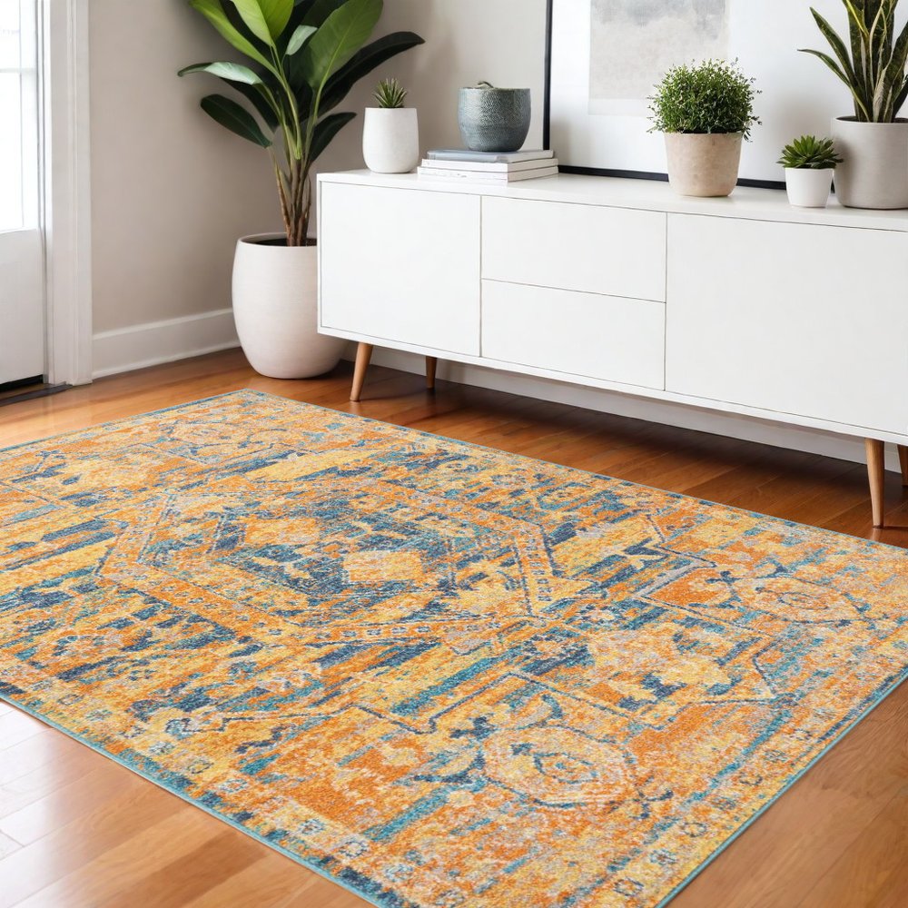 4' X 6' Teal And Gold Medallion Distressed Area Rug
