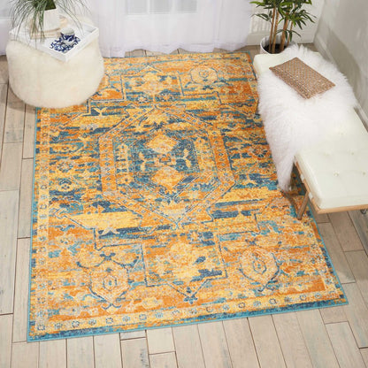 4' X 6' Teal And Gold Medallion Distressed Area Rug