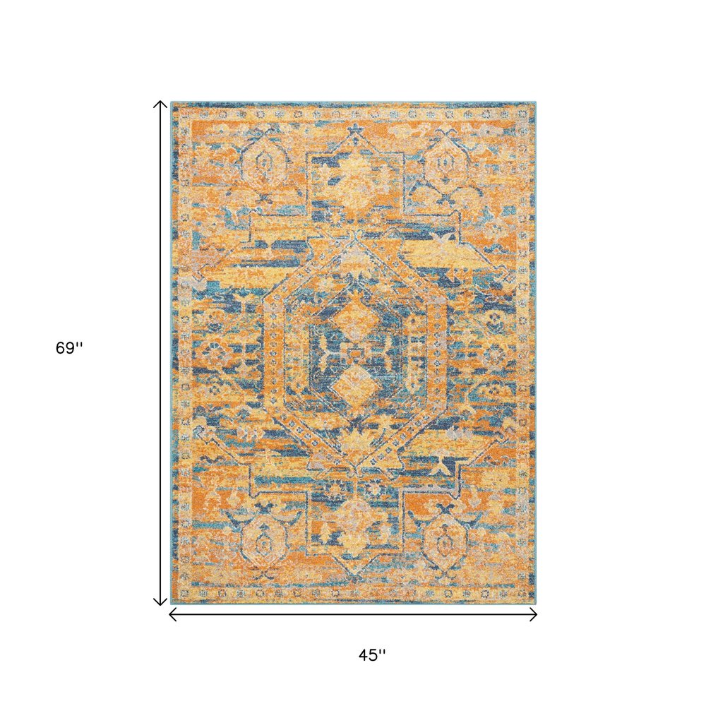 4' X 6' Teal And Gold Medallion Distressed Area Rug
