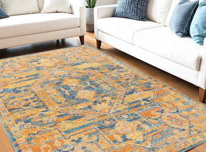 4' X 6' Teal And Gold Medallion Distressed Area Rug