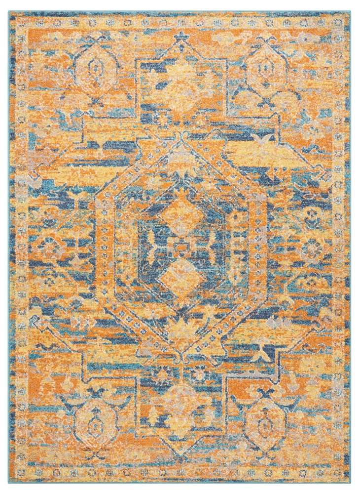 4' X 6' Teal And Gold Medallion Distressed Area Rug