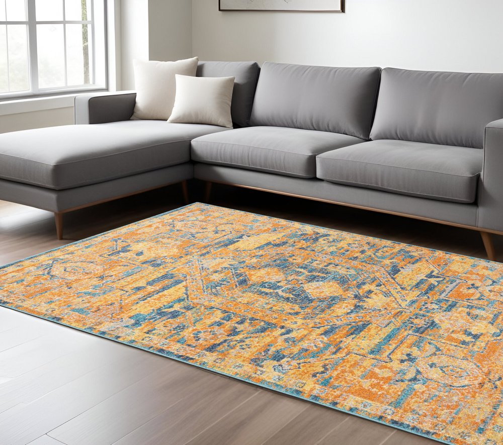4' X 6' Teal And Gold Medallion Distressed Area Rug