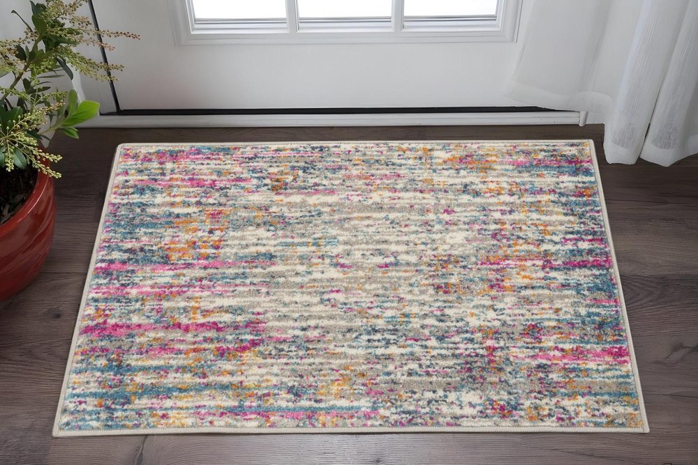 5' Ivory And Blue Abstract Round Rug
