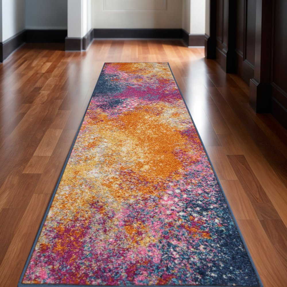 6' Blue And Orange Abstract Runner Rug
