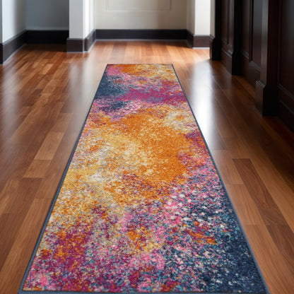 6' Blue And Orange Abstract Runner Rug