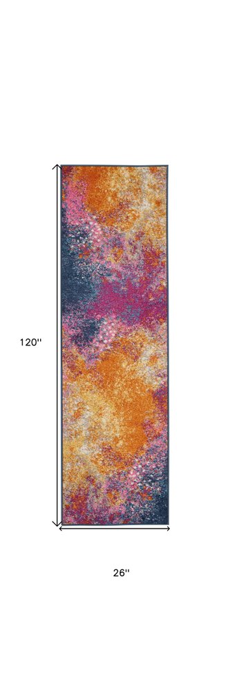 6' Blue And Orange Abstract Runner Rug