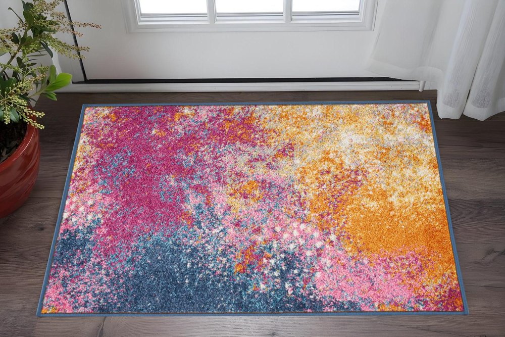 5' Blue And Orange Abstract Round Rug