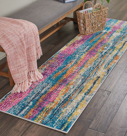 8' Pink And Blue Abstract Power Loom Runner Rug