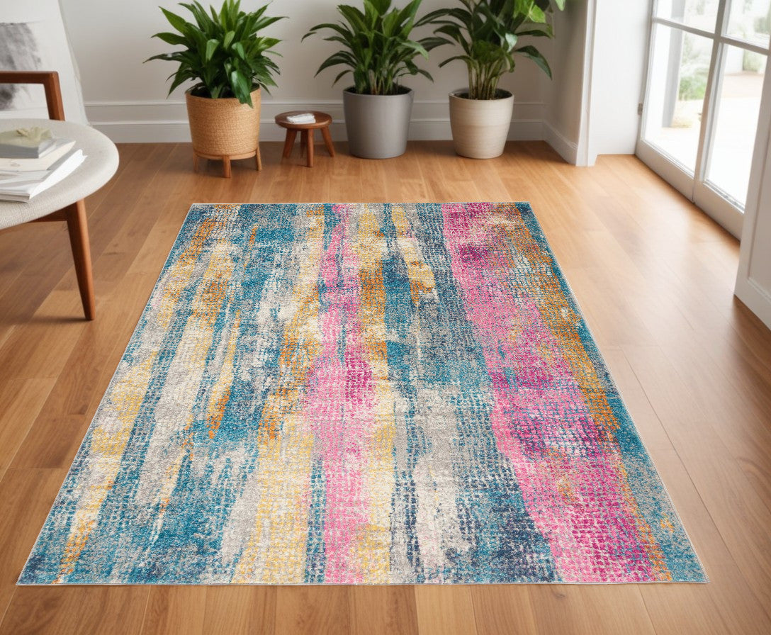 8' Pink And Blue Abstract Power Loom Runner Rug