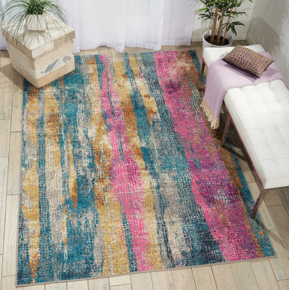 5' X 7' Blue Pink And Gold Abstract Distressed Area Rug