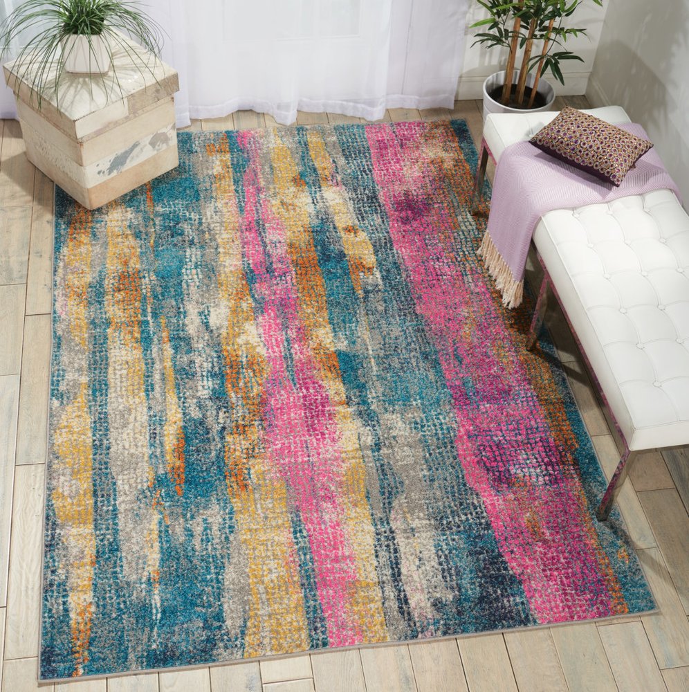 5' X 7' Blue Pink And Gold Abstract Distressed Area Rug