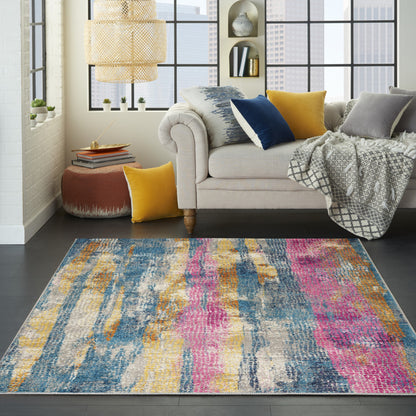 5' X 7' Blue Pink And Gold Abstract Distressed Area Rug