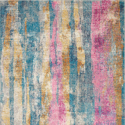 5' X 7' Blue Pink And Gold Abstract Distressed Area Rug