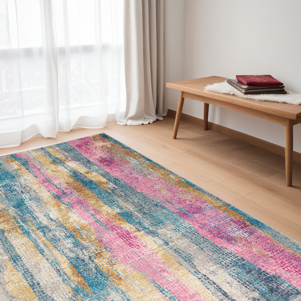 5' X 7' Blue Pink And Gold Abstract Distressed Area Rug