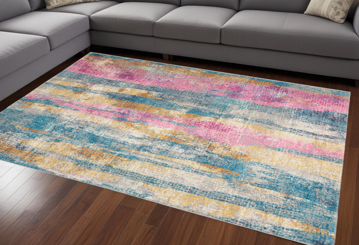 8' Pink And Blue Abstract Power Loom Runner Rug