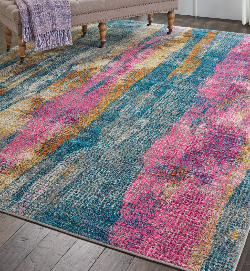 8' Pink And Blue Abstract Power Loom Runner Rug