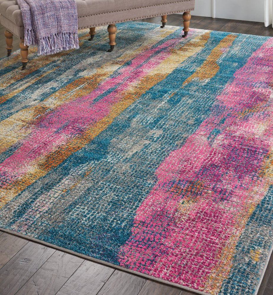 5' X 7' Blue Pink And Gold Abstract Distressed Area Rug
