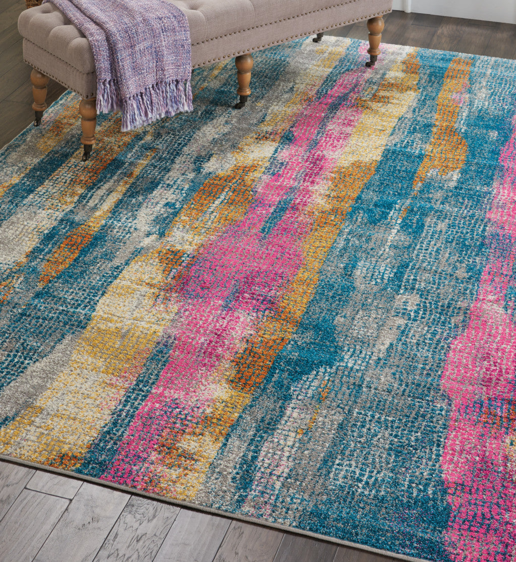 5' X 7' Blue Pink And Gold Abstract Distressed Area Rug