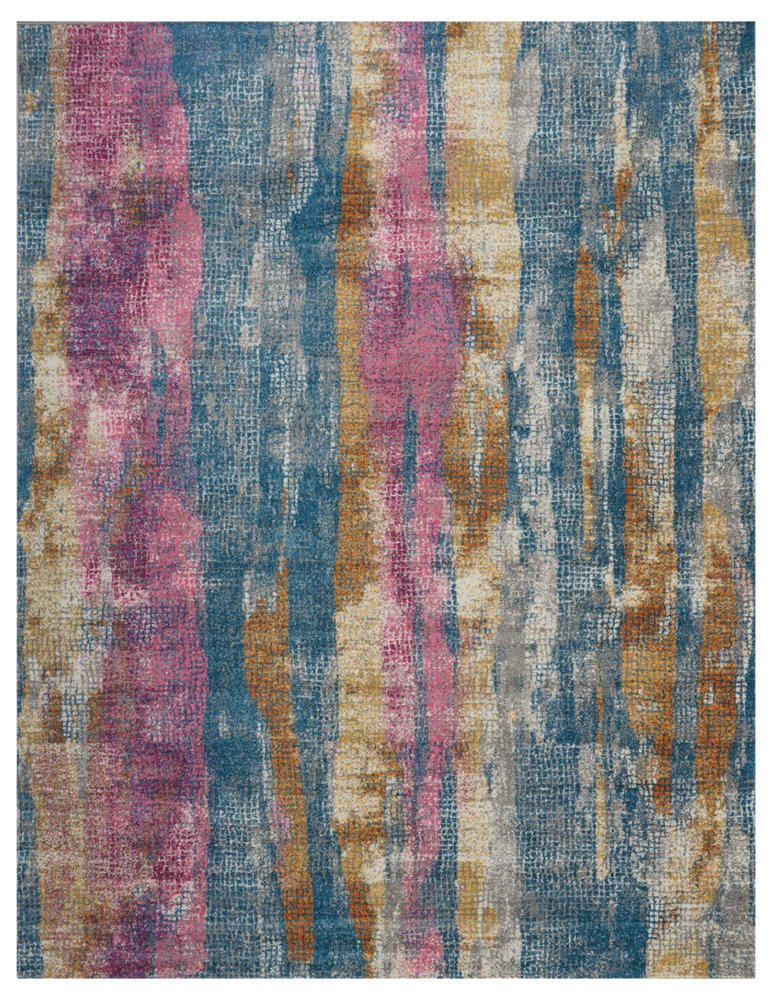 5' X 7' Blue Pink And Gold Abstract Distressed Area Rug