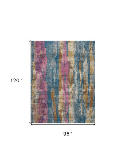 5' X 7' Blue Pink And Gold Abstract Distressed Area Rug