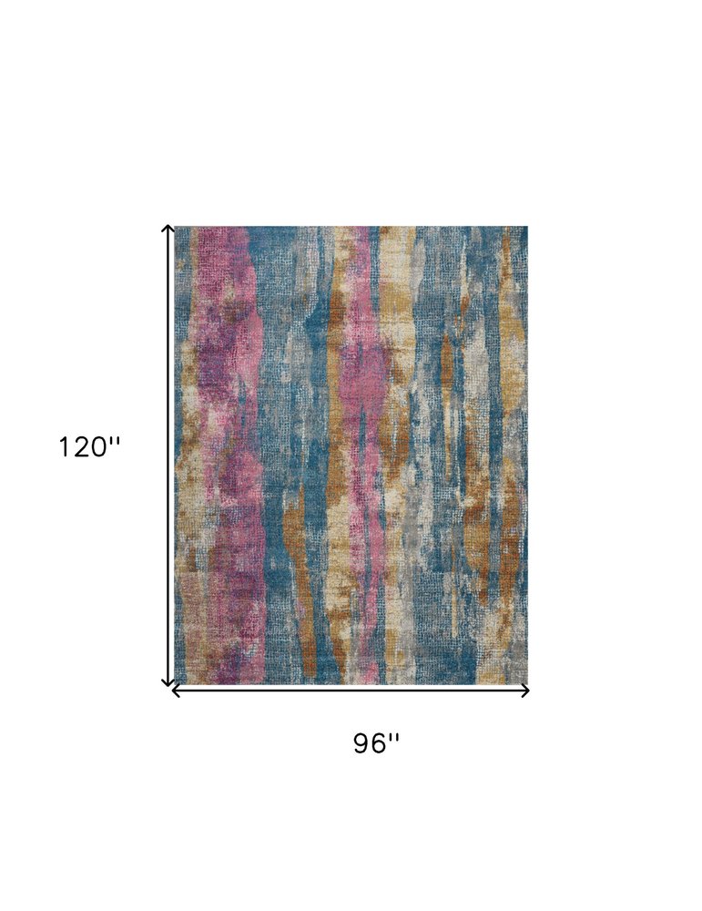 5' X 7' Blue Pink And Gold Abstract Distressed Area Rug