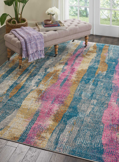 8' Pink And Blue Abstract Power Loom Runner Rug