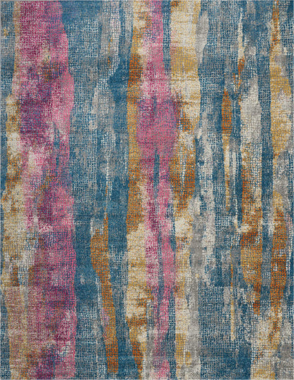 5' X 7' Blue Pink And Gold Abstract Distressed Area Rug