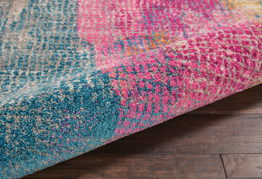 5' X 7' Blue Pink And Gold Abstract Distressed Area Rug