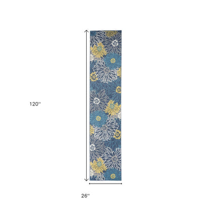 10' Blue And Gold Floral Runner Rug