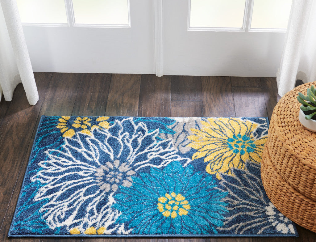 10' Blue Floral Power Loom Runner Rug