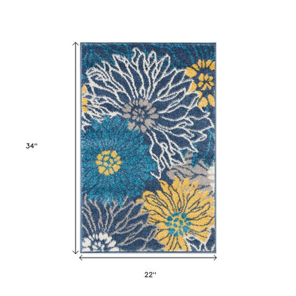 10' Blue And Gold Floral Runner Rug