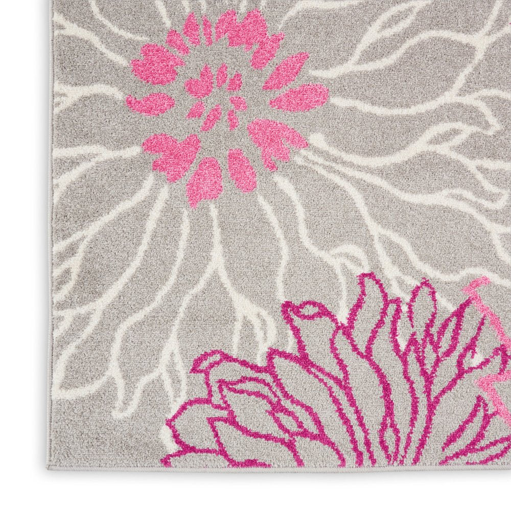 6' Gray And Pink Floral Runner Rug