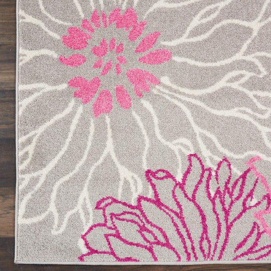 10' Gray And Pink Floral Runner Rug