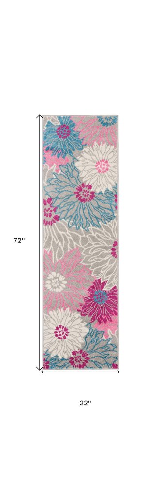 6' Gray And Pink Floral Runner Rug