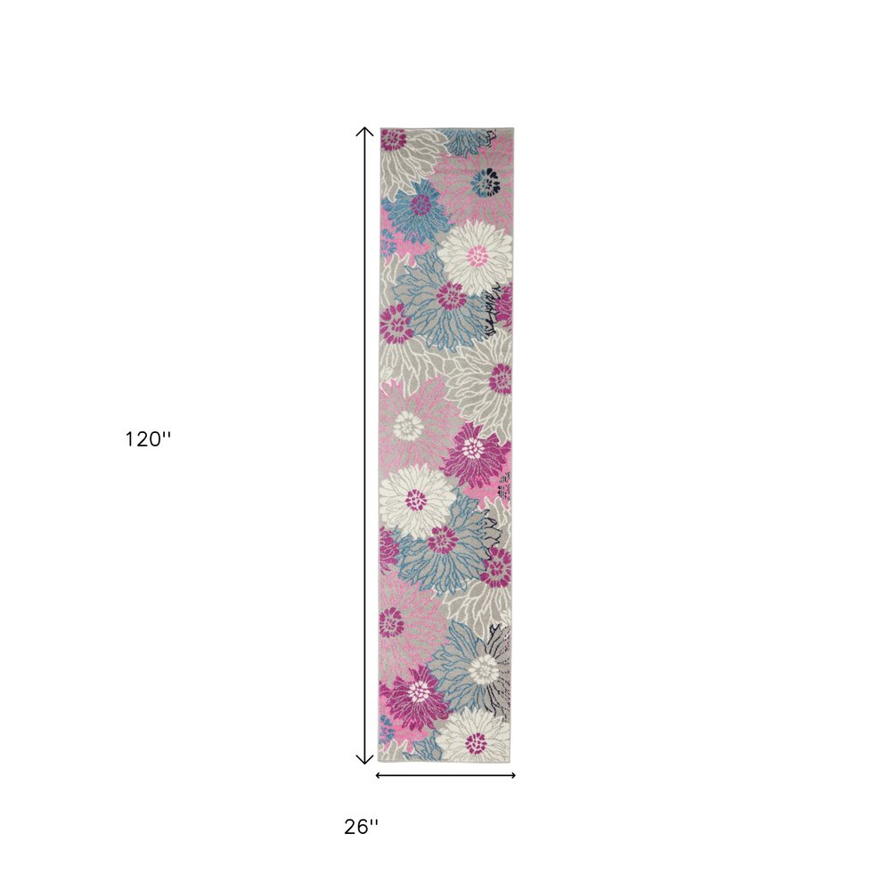 5' Gray And Pink Floral Round Rug