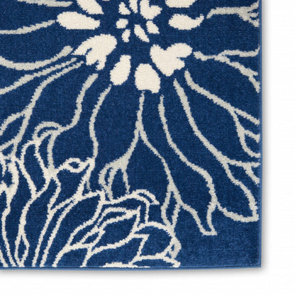 8' Blue And Ivory Floral Power Loom Runner Rug