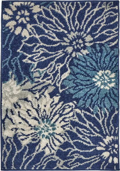 8' Blue And Ivory Floral Power Loom Runner Rug