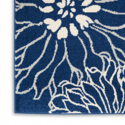 8' Blue And Ivory Floral Power Loom Runner Rug