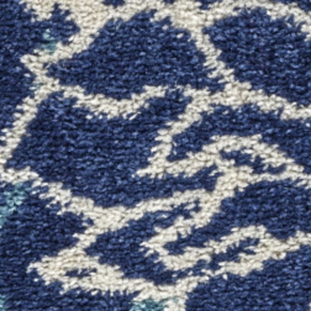 8' Blue And Ivory Floral Round Rug