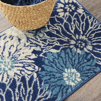 8' Blue And Ivory Floral Power Loom Runner Rug