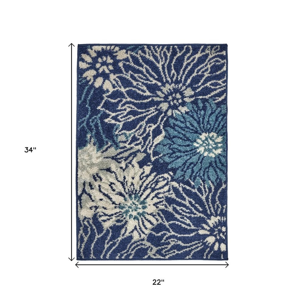 8' Blue And Ivory Floral Round Rug