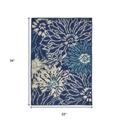 8' Blue And Ivory Floral Round Rug