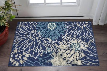 8' Blue And Ivory Floral Runner Rug