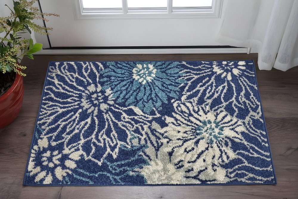 8' X 10' Blue And Ivory Floral Area Rug