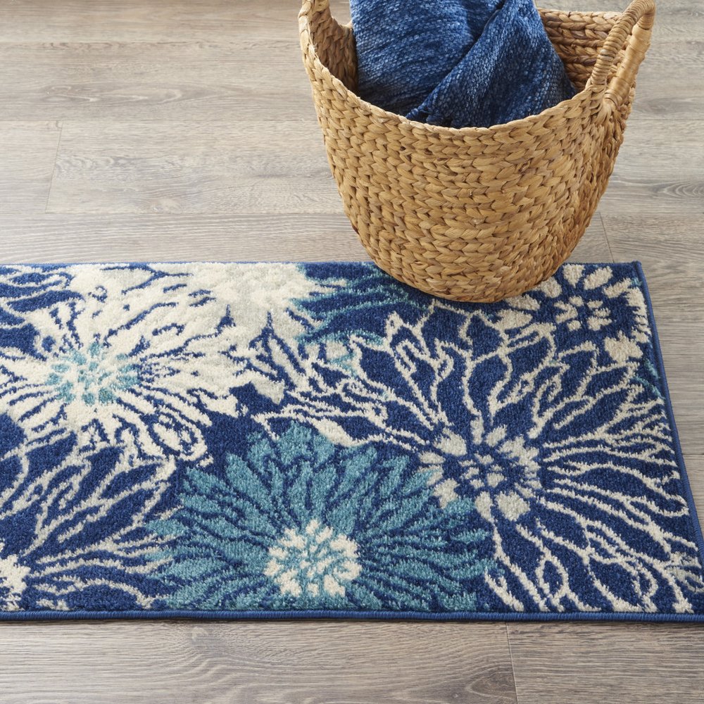 8' Blue And Ivory Floral Runner Rug