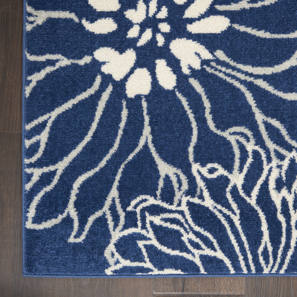 8' Blue And Ivory Floral Power Loom Runner Rug